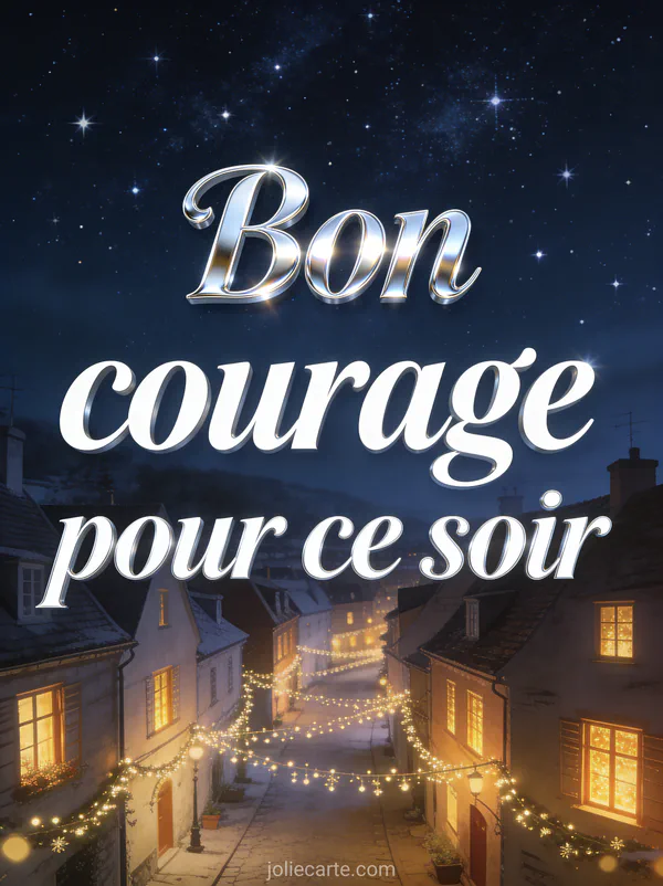 Ciel étoilé au-dessus d'un village illuminé avec guirlandes lumineuses dans les rues et le texte Bon courage pour ce soir
