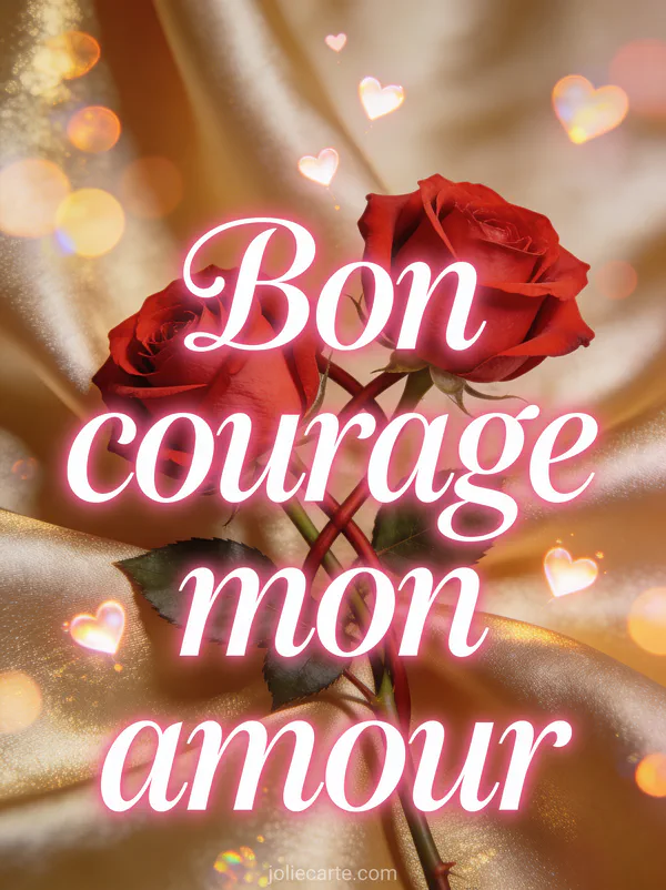 Deux roses rouges entrelacées sur fond de soie dorée avec petits coeurs lumineux et le texte Bon courage mon amour