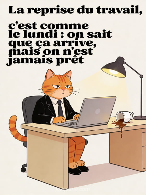 Chat roux en costume-cravate assis à un bureau avec un air blasé devant un ordinateur et une tasse de café renversée