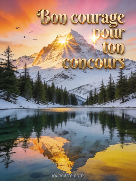 Montagne enneigée au lever du soleil avec rayons dorés, lac miroir et sapins verts avec le texte Bon courage pour ton concours