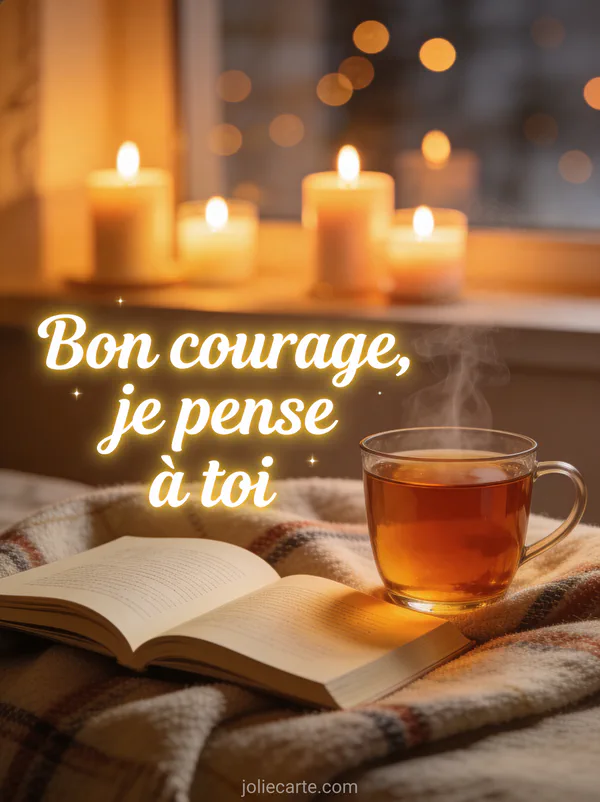 Tasse de thé fumante posée à côté d'un livre ouvert sur un plaid douillet avec bougies allumées en arrière-plan et le texte Bon courage je pense à toi