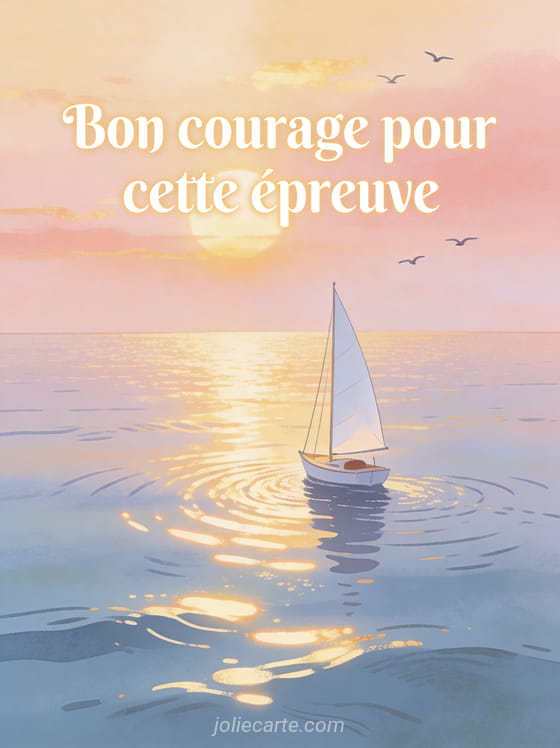 Petit voilier naviguant sur une mer calme au lever du soleil avec reflets dorés et oiseaux dans le ciel avec le texte Bon courage