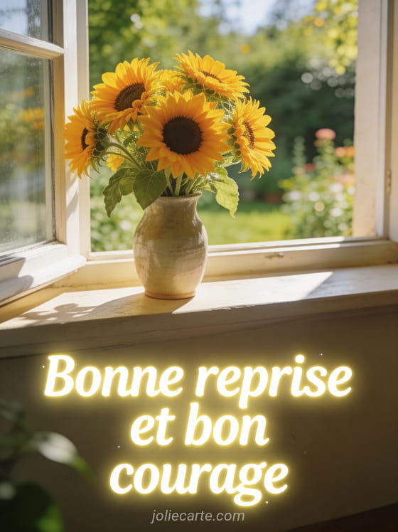 Bouquet de tournesols dans un vase sur un rebord de fenêtre ensoleillé avec vue sur un jardin verdoyant et le texte Bonne reprise et bon courage