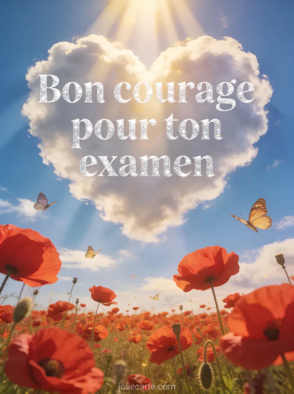 Ciel bleu avec nuages en forme de coeur, rayons de soleil et champ de coquelicots avec papillons et le texte Bon courage pour ton examen