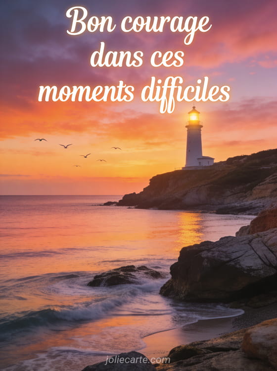 Phare illuminé sur une côte rocheuse au coucher du soleil avec mer calme et oiseaux en vol et le texte Bon courage dans ces moments difficiles