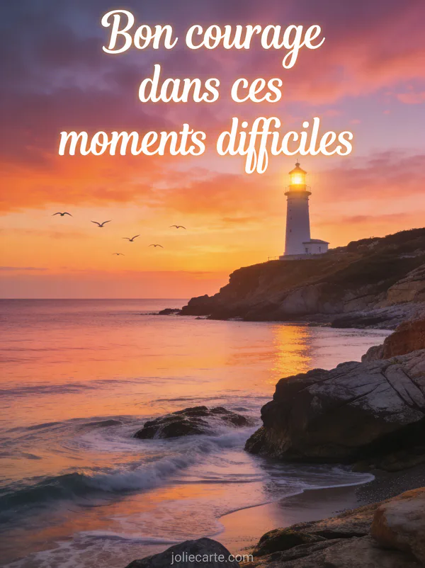 Phare illuminé sur une côte rocheuse au coucher du soleil avec mer calme et oiseaux en vol et le texte Bon courage dans ces moments difficiles