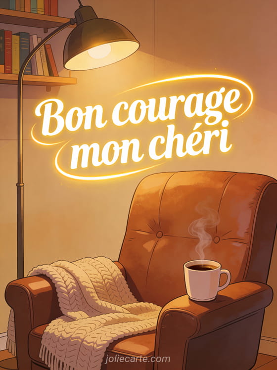 Fauteuil en cuir confortable avec plaid en laine et tasse de café sous une lampe chaude avec le texte Bon courage mon chéri