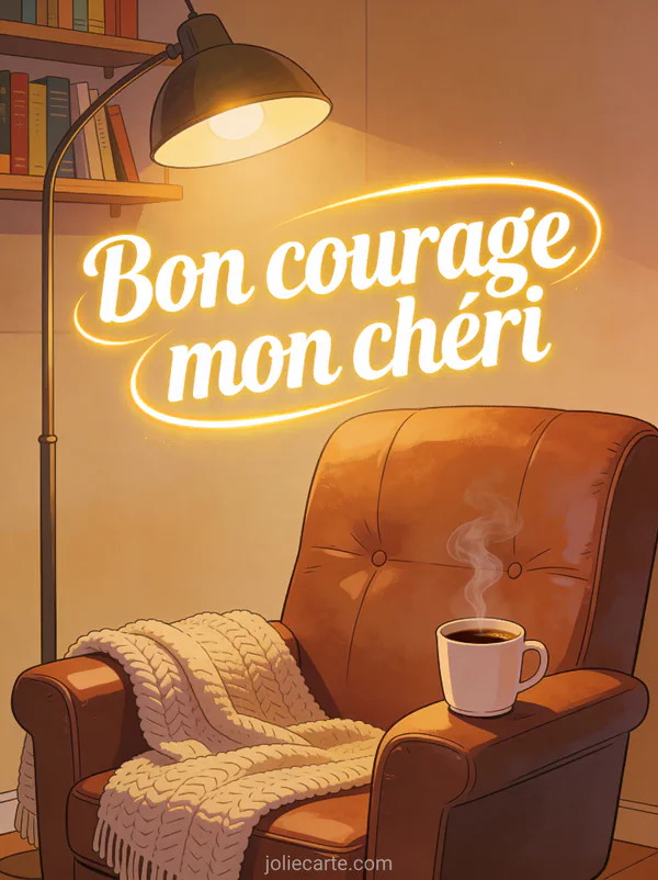 Fauteuil en cuir confortable avec plaid en laine et tasse de café sous une lampe chaude avec le texte Bon courage mon chéri