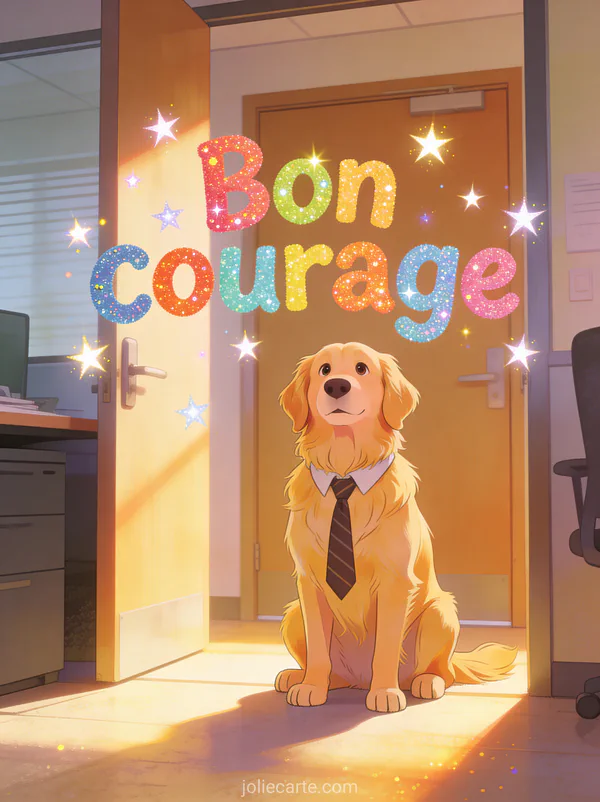 Golden retriever portant une cravate assis devant une porte de bureau avec lumière matinale et étoiles scintillantes autour du texte Bon courage