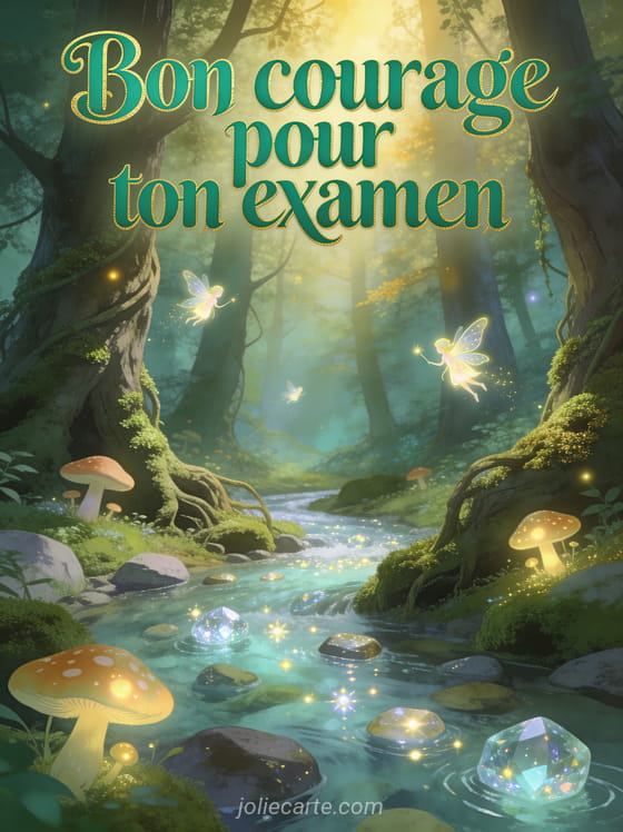 Forêt enchantée avec champignons lumineux, fées et ruisseau cristallin sous une lumière dorée avec le texte Bon courage pour ton examen