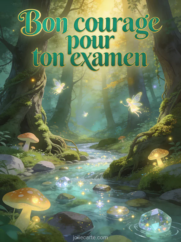 Forêt enchantée avec champignons lumineux, fées et ruisseau cristallin sous une lumière dorée avec le texte Bon courage pour ton examen