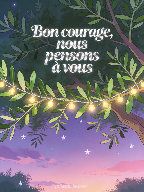 Guirlande de lumières chaleureuses entre des branches d'olivier sur fond de ciel crépusculaire violet et rose avec le texte Bon courage nous pensons à vous