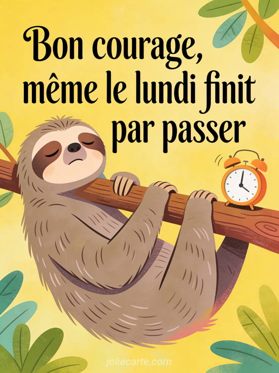 Paresseux en peignoir avec un air endormi et un réveil qui sonne sur fond jaune pastel avec le texte Bon courage même le lundi finit par passer