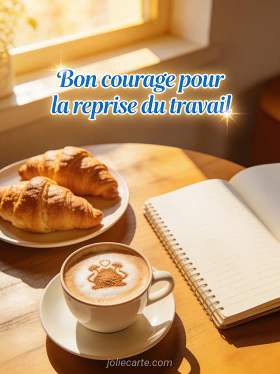 Scène de petit-déjeuner matinal cosy avec croissants, café latte et cahier ouvert dans une lumière dorée avec le texte Bon courage pour la reprise du travail