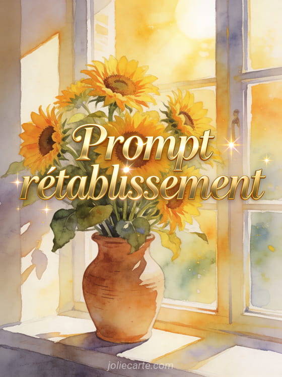 Bouquet de tournesols éclatants dans un vase en terre cuite sur un rebord de fenêtre ensoleillé en illustration aquarelle avec le texte Prompt rétablissement
