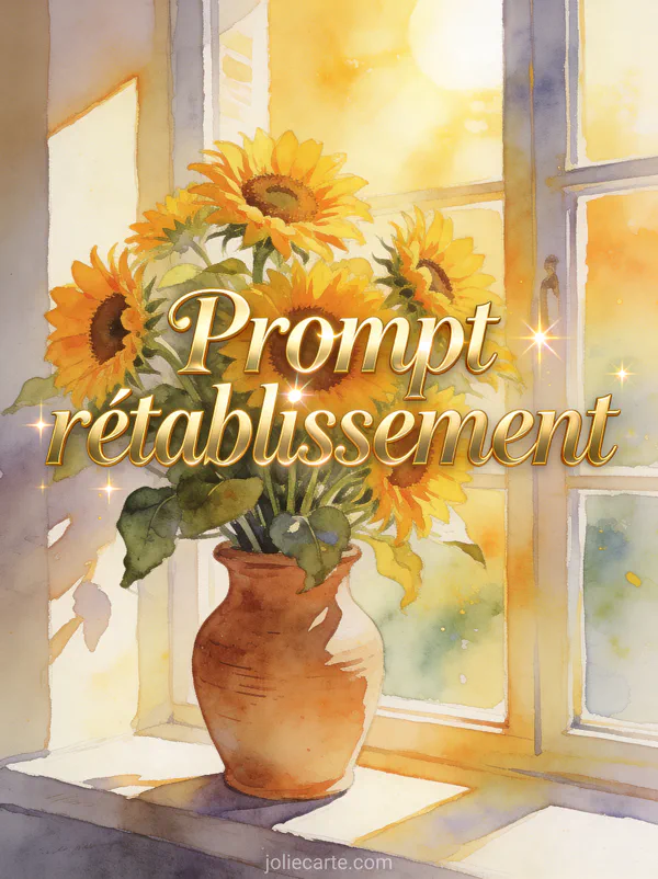 Bouquet de tournesols éclatants dans un vase en terre cuite sur un rebord de fenêtre ensoleillé en illustration aquarelle avec le texte Prompt rétablissement