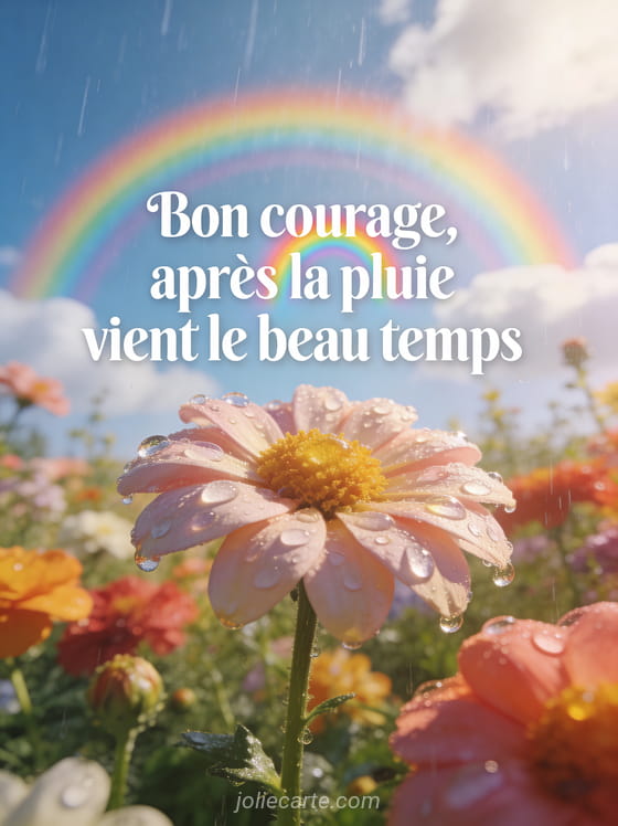 Arc-en-ciel au-dessus d'un champ de fleurs mouillées avec gouttes d'eau brillantes au soleil et ciel qui s'éclaircit avec le texte Bon courage