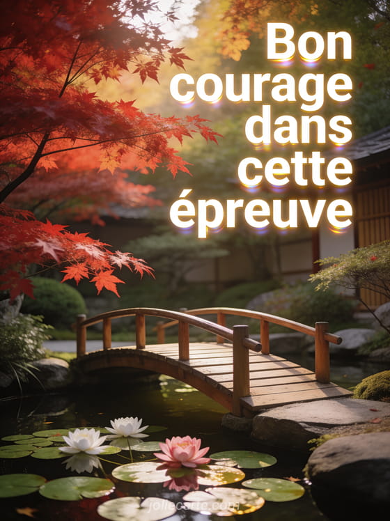 Jardin japonais avec petit pont en bois au-dessus d'un étang de nénuphars et érables rouges sous une lumière douce avec le texte Bon courage