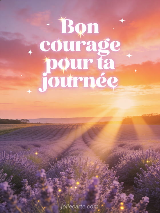 Lever de soleil aux teintes roses et orangées au-dessus d'un champ de lavande avec rayons de lumière dorée et le texte Bon courage pour ta journée