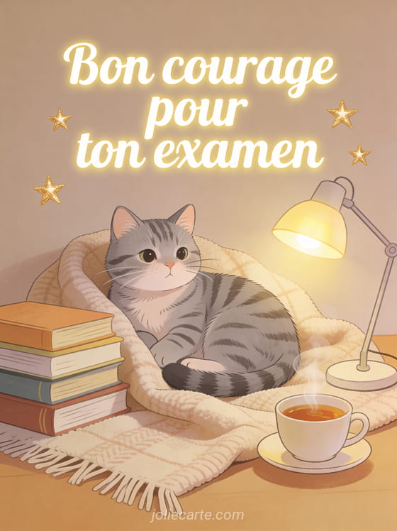 Chat gris tigré installé sur un plaid à côté d'une pile de livres et d'une tasse de thé avec des étoiles dorées et le texte Bon courage