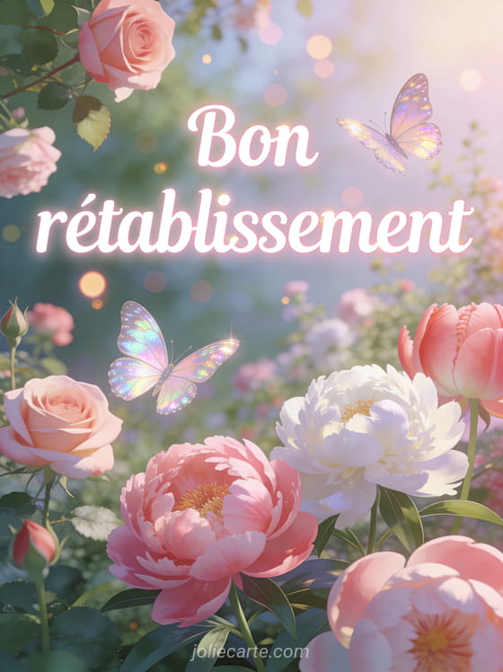 Jardin fleuri au printemps avec roses et pivoines en pleine floraison, papillons aux ailes irisées et bokeh lumineux avec le texte Bon rétablissement