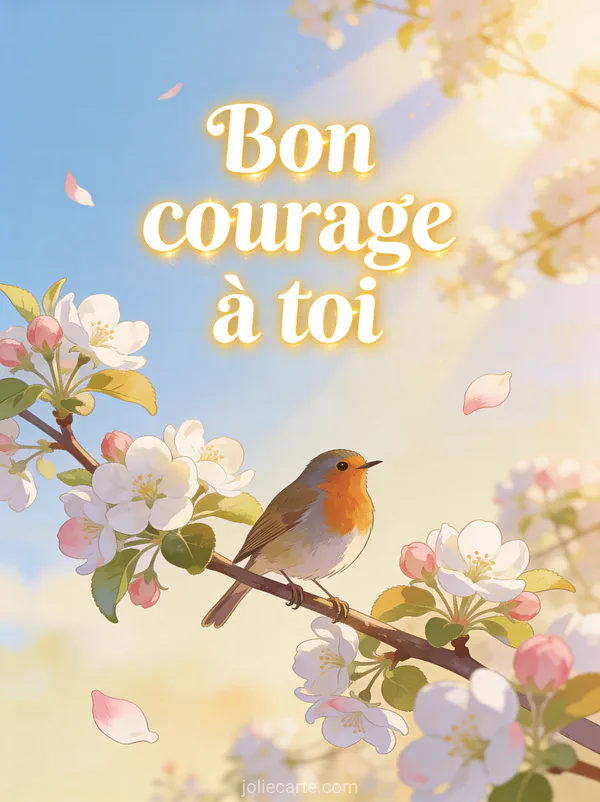 Rouge-gorge posé sur une branche de pommier en fleurs avec pétales blancs et roses sous un ciel bleu avec le texte Bon courage à toi