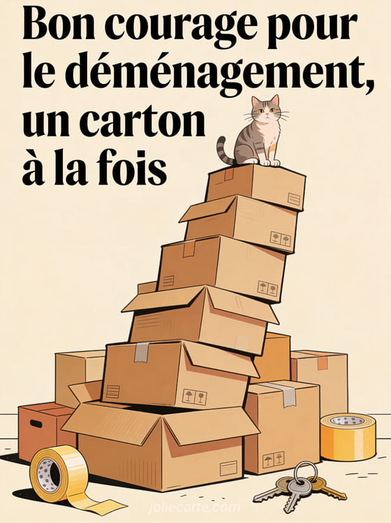 Montagne absurde de cartons empilés qui penche dangereusement avec un chat assis au sommet et rouleaux de scotch au sol