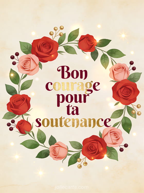 Roses rouges et roses en couronne florale avec baies dorées sur fond parchemin crème avec le texte Bon courage pour ta soutenance
