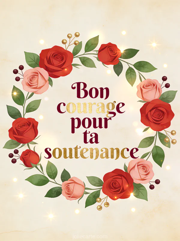 Roses rouges et roses en couronne florale avec baies dorées sur fond parchemin crème avec le texte Bon courage pour ta soutenance