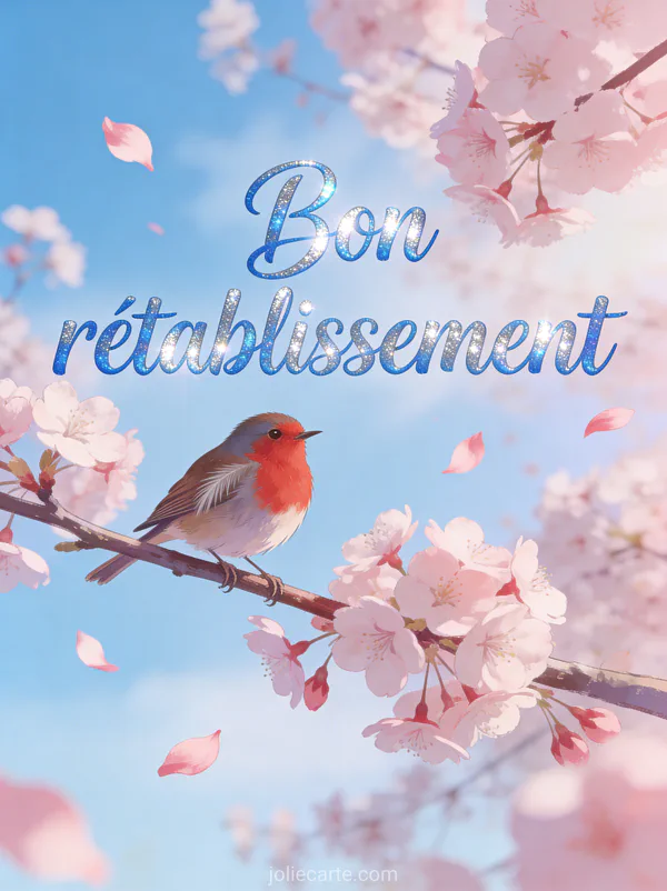Oiseau rouge-gorge posé sur une branche de cerisier en fleurs avec pétales roses qui volent au vent et ciel bleu clair avec le texte Bon rétablissement