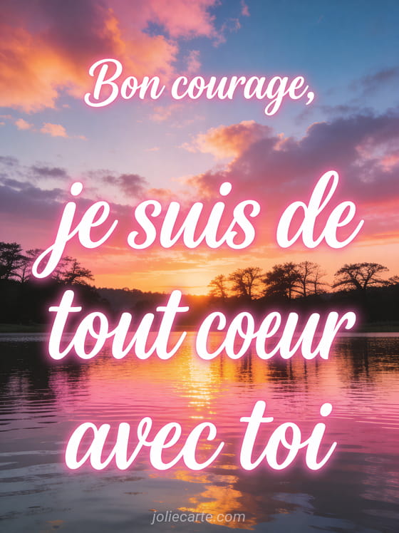 Coucher de soleil sur un lac avec reflets roses et dorés et silhouette d'arbres au bord de l'eau avec le texte Bon courage