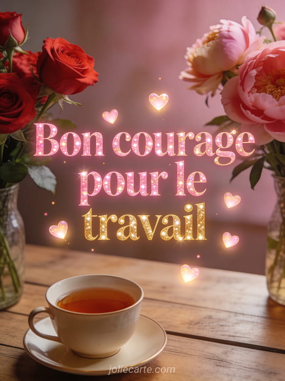 Bouquet de roses rouges et pivoines sur une table en bois avec une tasse de thé et petits coeurs lumineux avec le texte Bon courage pour le travail