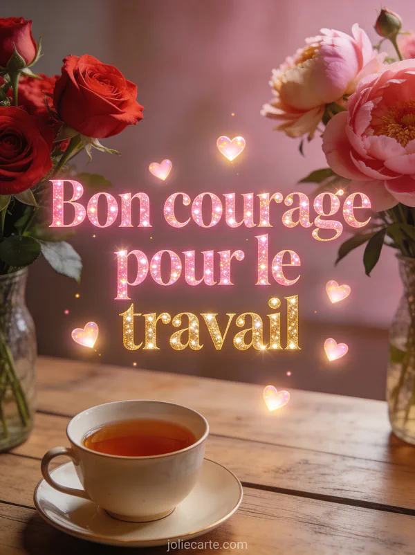Bouquet de roses rouges et pivoines sur une table en bois avec une tasse de thé et petits coeurs lumineux avec le texte Bon courage pour le travail