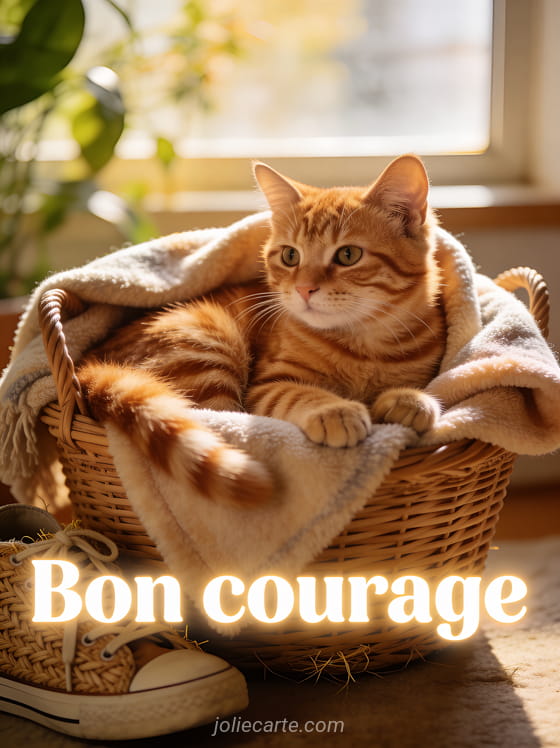 Chat roux tigré installé dans un panier en osier avec un plaid doux et un regard attendrissant avec le texte Bon courage