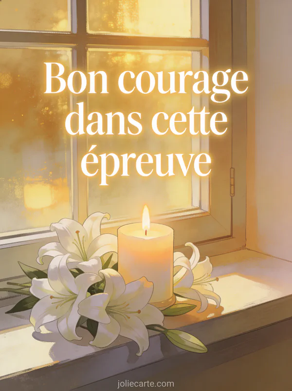 Bougie allumée sur un rebord de fenêtre avec des lys blancs, lumière tamisée et apaisante avec le texte Bon courage dans cette épreuve