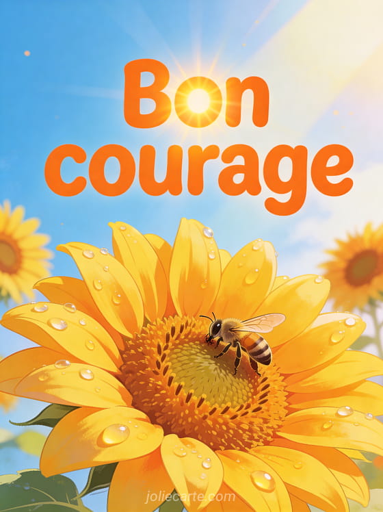 Tournesol géant avec gouttes de rosée et abeille sur le coeur sous un ciel bleu lumineux avec le texte Bon courage