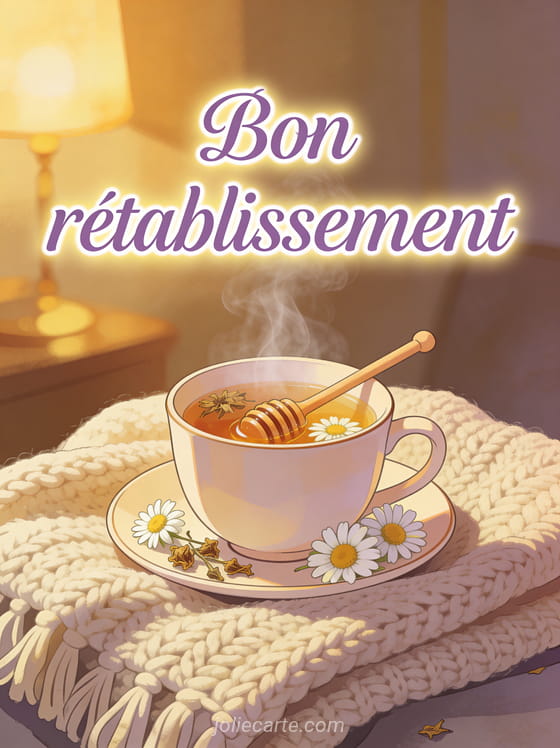 Tasse de tisane fumante avec miel et fleurs de camomille posée sur une couverture tricotée dans une lumière tamisée avec le texte Bon rétablissement