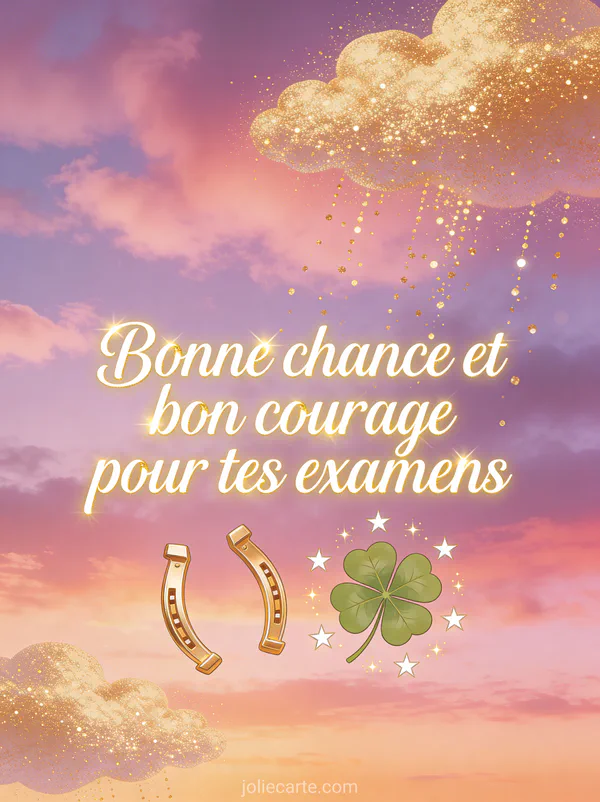 Fer à cheval doré et trèfle à quatre feuilles avec étoiles scintillantes sur un ciel crépusculaire rose et violet avec le texte Bonne chance