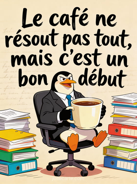 Pingouin en costume de bureau assis sur une chaise pivotante avec une énorme tasse de café et des piles de dossiers
