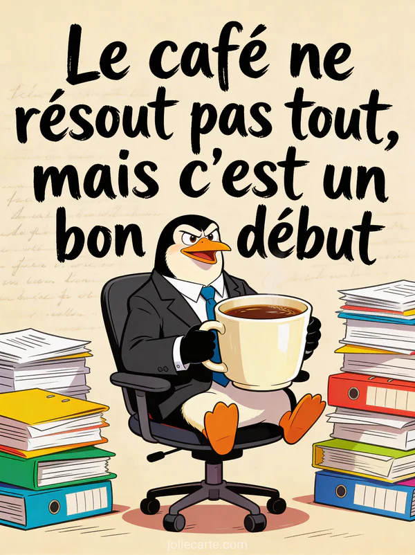 Pingouin en costume de bureau assis sur une chaise pivotante avec une énorme tasse de café et des piles de dossiers