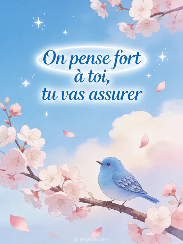 Petit oiseau bleu sur une branche de cerisier en fleurs avec pétales roses et étoiles scintillantes avec le texte On pense fort à toi