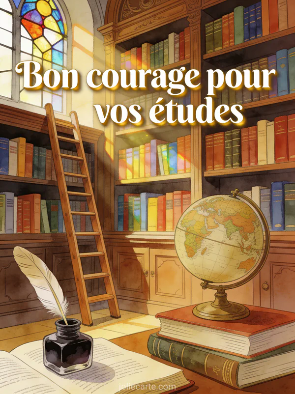 Bibliothèque ancienne remplie de livres colorés avec échelle en bois, vitrail coloré et globe terrestre vintage avec le texte Bon courage