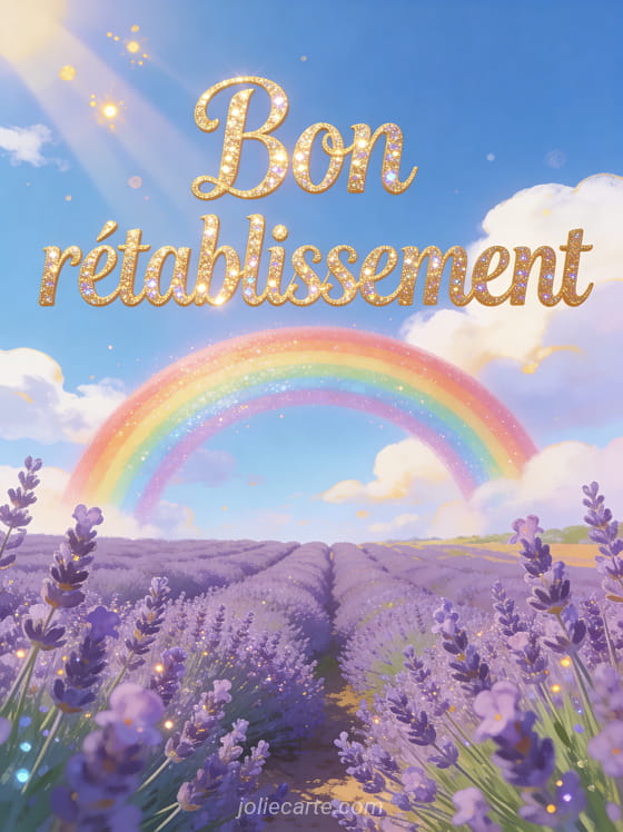 Arc-en-ciel au-dessus d'un champ de lavande en Provence sous ciel bleu lumineux avec rayons de soleil avec le texte Bon rétablissement