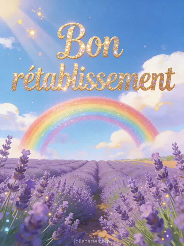 Arc-en-ciel au-dessus d'un champ de lavande en Provence sous ciel bleu lumineux avec rayons de soleil avec le texte Bon rétablissement