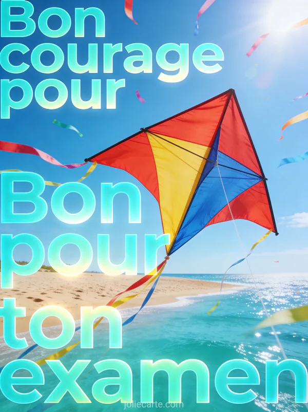 Cerf-volant coloré rouge jaune et bleu volant dans un ciel bleu au-dessus d'une plage de sable avec mer turquoise et le texte Bon courage