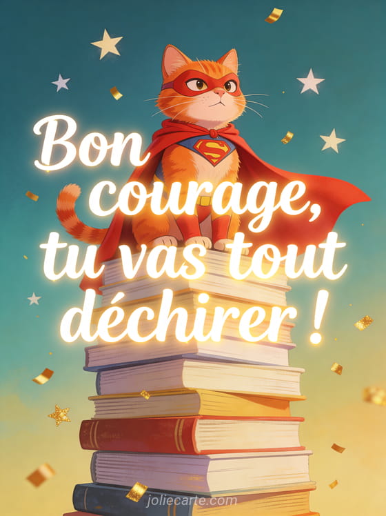 Chat roux en costume de super-héros avec cape rouge assis sur une pile de livres géante avec étoiles et confettis dorés