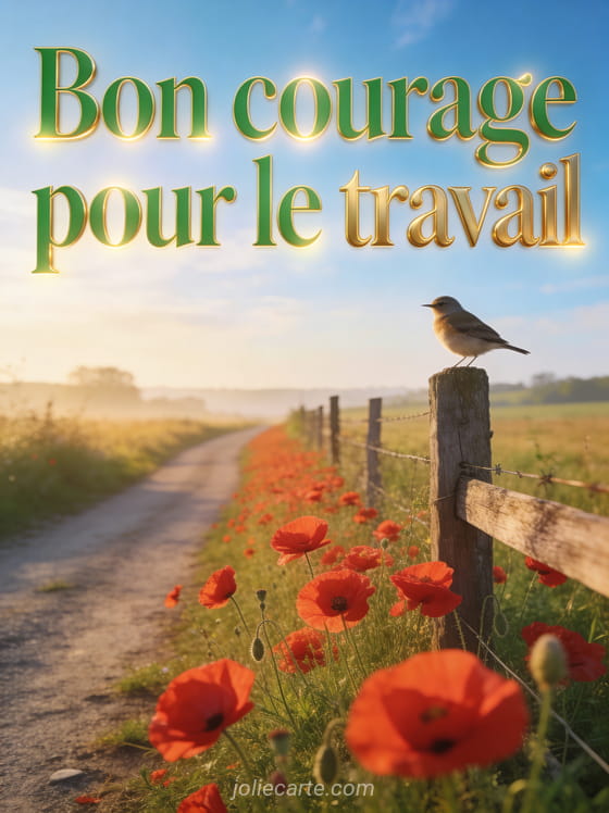 Chemin de campagne au matin avec coquelicots rouges, ciel bleu lumineux et petit oiseau perché sur une clôture en bois avec le texte Bon courage pour le travail