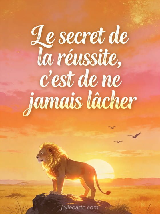 Lion majestueux à la crinière dorée debout sur un rocher au coucher du soleil surplombant la savane avec le texte Le secret de la réussite