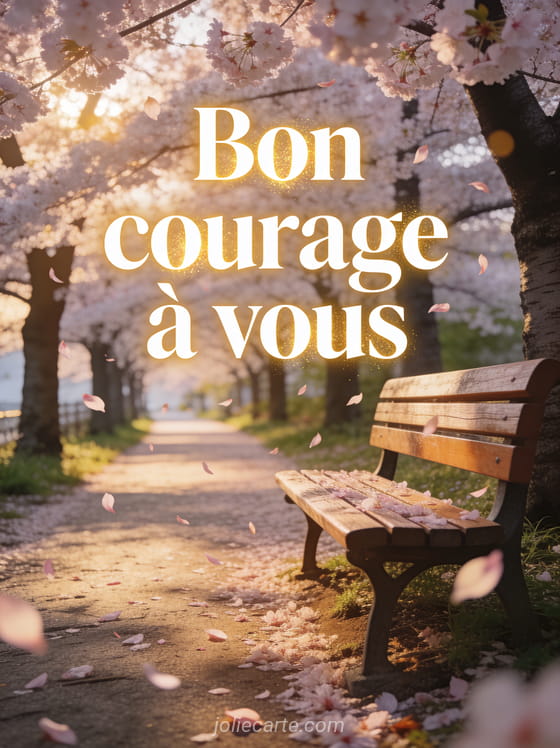 Allée de cerisiers en fleurs avec pétales qui tombent en cascade, banc en bois et lumière dorée de fin d'après-midi avec le texte Bon courage à vous