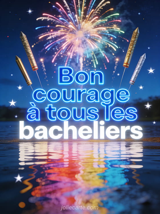 Feu d'artifice multicolore dans un ciel nocturne bleu profond avec reflets colorés sur un plan d'eau et le texte Bon courage à tous les bacheliers